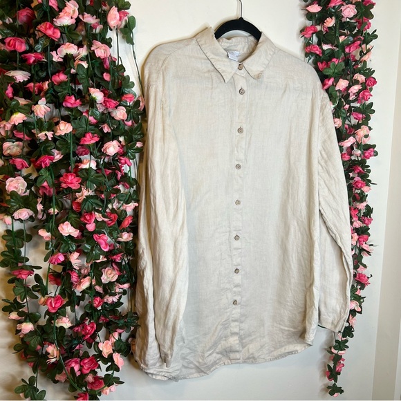 🌹Soft Surroundings Beige 100% Linen Button Up Long Sleeve Shirt Womens Large - Picture 5 of 6